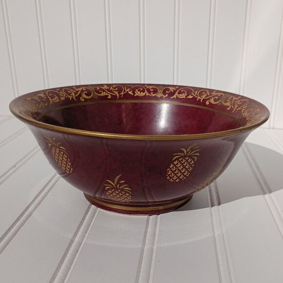 Andrea by Sadek Decorative Pineapple Bowl Gold and Maroon Embossed Scroll Trim - Picture 2 of 12
